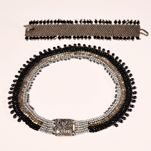 West Germany Woven Black Silver Beaded Necklace & Bracelet Boho VTG 2pc Lot - Picture 12 of 12