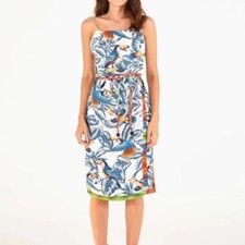 FARM RIO Linen Canvas Brid and Exotic Leaf Print Women's Dress Size Small NST