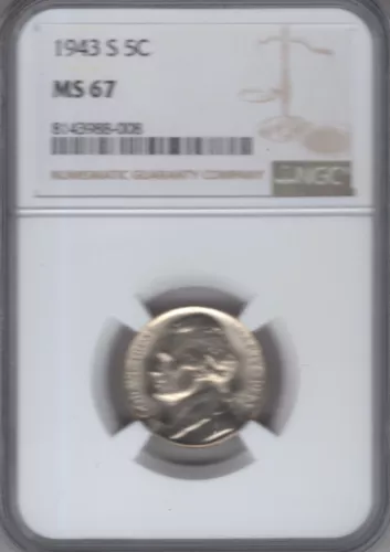 1943 S JEFFERSON NICKEL NGC CERTIFIED MS67 DEEP FROSTY WHITE LUSTER