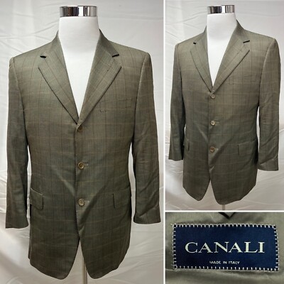 Canali EU 50 / US 40 Brown Herringbone Plaid 3-Button Silk/Wool Blazer Jacket
