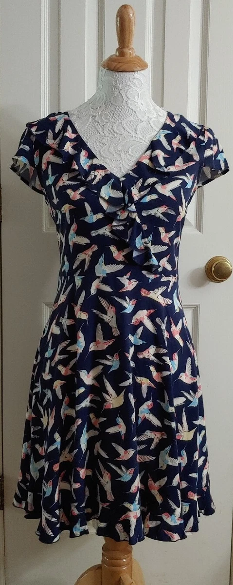 Oasis Hummingbird Pattern Faux Wrap Dress Flutter Sleeve Ruffle