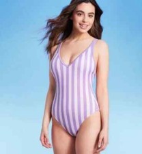 size S Kona Sol Women's V-Neck High Leg One Piece Purple Striped Swimsuit B48