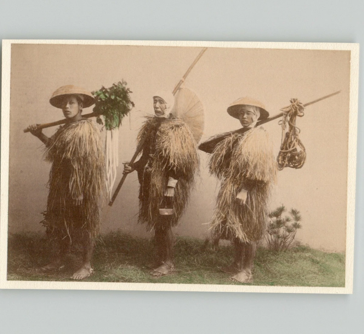 Farmers In Straw RAINCOATS Dress 1880s Hand Colored Japanese Albumen Photograph