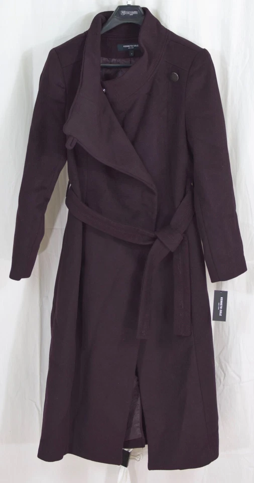 Kenneth Cole Women's Asymmetrical Belted Maxi Coat Rum Raisin Size 12