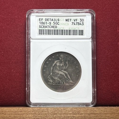 1861 ANACS Net VF30 Seated Liberty Half Dollar 50c - Vintage Soapbox - Scratched