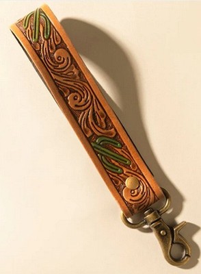 Myra Bag #12153 Key Fob 1''x6.5'' Hand Tooled/Painted Leather~Antiqued Brass Clasp
