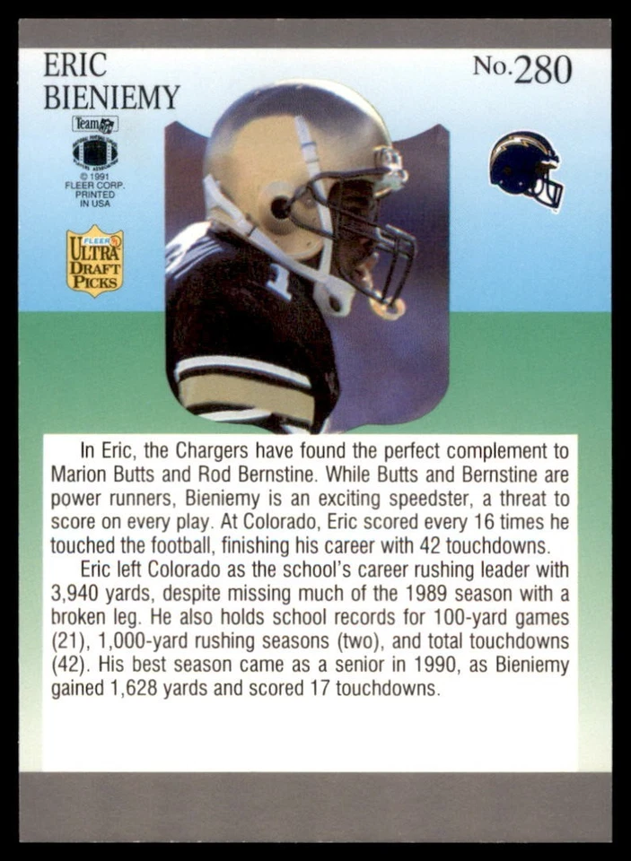 1991 Fleer Ultra - Eric Bieniemy #280 (RC) - Image 2 of 2