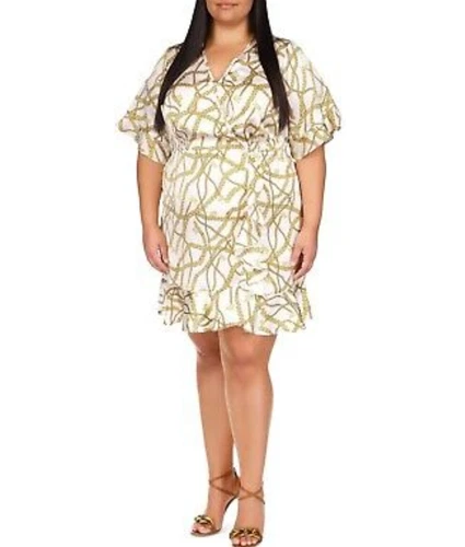 Abito donna MICHAEL Kors taglie forti 1X bianco giallo più logo catena lunghezza ginocchio