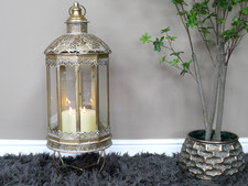 Large Antique Gold Metal Lantern Candle Holder Moroccan Style Floor Lamp