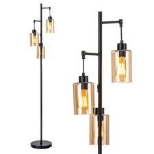 Freestanding Floor Lamp Retro Floor Lamp w/ 3-Head Hanging Amber Glass Shade