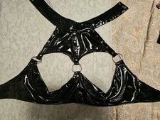 iEFiEL Women Open Cup Bra Crop Tops Patent Leather Halter Size L