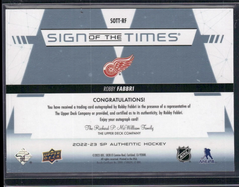 2022-23 SP Authentic #SOTT-RF Robby Fabbri Sign of the Times - Image 2 of 2