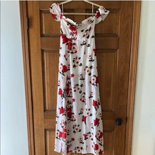 A'GACI Off Shoulder Floral Maxi Dress White Red Green Short Sleeve M