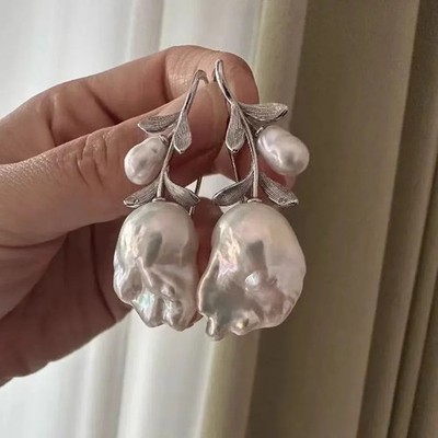 Gorgeous 6-15mm AAAASouth Sea Baroque White Pearl Dangle Earring 925 silver