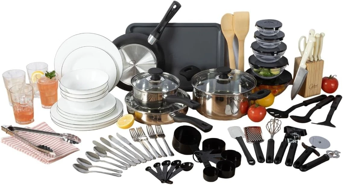 74 Piece Kitchen in a Box Pots and Pans Cookware, Plates and Bowls Dinnerware, C