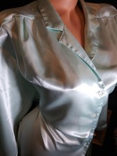 Vtg Satin Ice Blue Nightie Sleep Tunic Top BATWING NOTCH COLLAR BLOUSE OFFICE