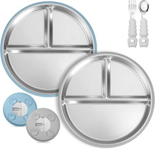 2 Pack Stainless Steel Baby Plates with Suction, Toddler Plates with Removable S
