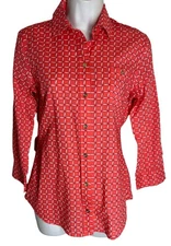 C Wonder Top XS Pink Red White Geometric Blouse Button Front Roll Tab Sleeves