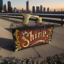 Vtg Style Wooden Shoe Shine Box 5  Shine Metal Footrest Reproduction Caddy Valet