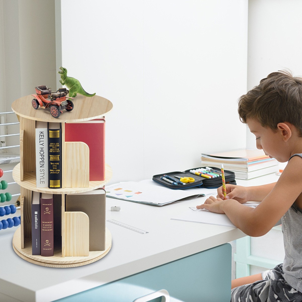 360° Rotating Bookshelf Wood Bookcase Storage Shelf Freestanding