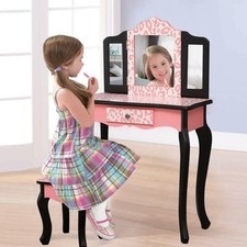 Kids Set Vanity Girls Makeup Dressing Table w/Stool Drawer Mirror Xmas Gifts