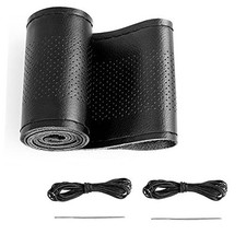 Leather Car Steering Wheel Cover, Stitch On Wrap Size M4 Black