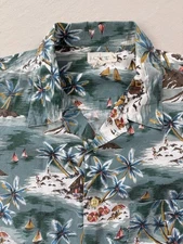 Vintage J. Crew Red Oarsman Hawaiian Shirt Huts & Palm Trees - Men's M