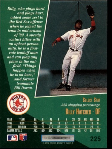 1993 Score Select Card # 225 Billy Hatcher Boston Red Sox MINT condition - Picture 2 of 2