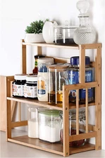 Bamboo Spice Rack Storage Shelves-3 Tier Standing Pantry Shelf for Kitchen Count