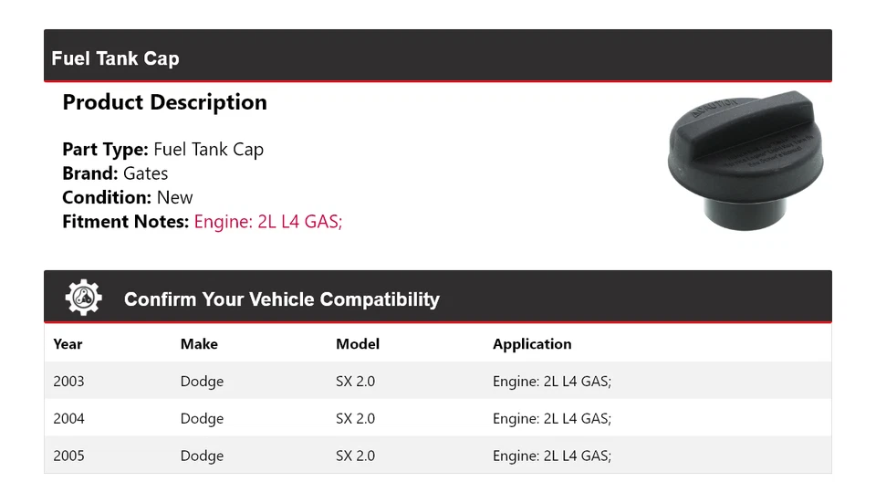 Para Dodge SX 2.0 2003-2005 2L L4 Gas Tanque Tapa Puertas 2004 Foto 2 de 4