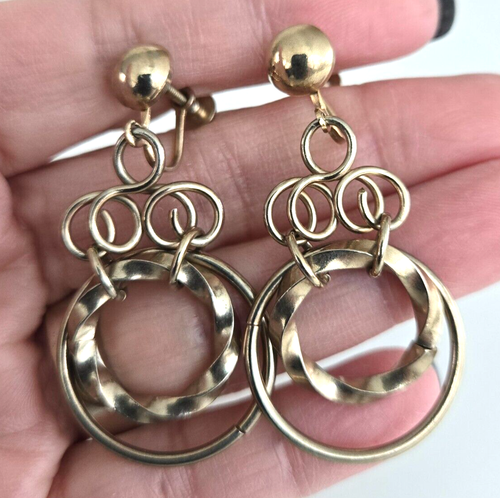 Vintage Ohrhänger Creolen Spirale goldfarben Schraubverschluss Ohrringe 2-1/16" - Bild 3 von 4