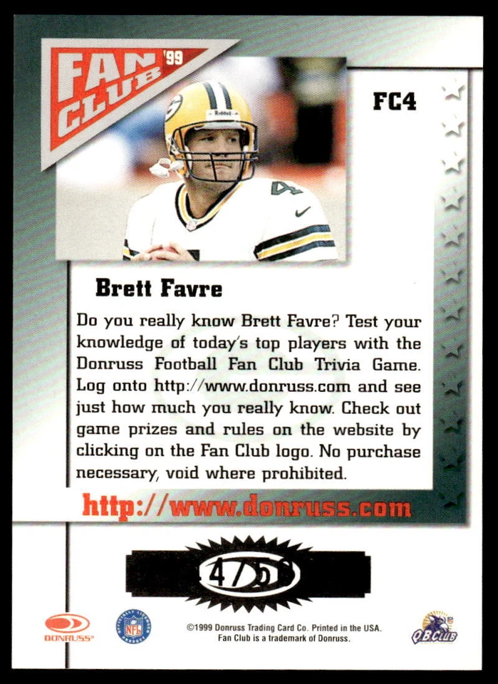 1999 Donruss #FC4 Brett Favre FOOTBALL Green Bay Packers - Image 2 of 2