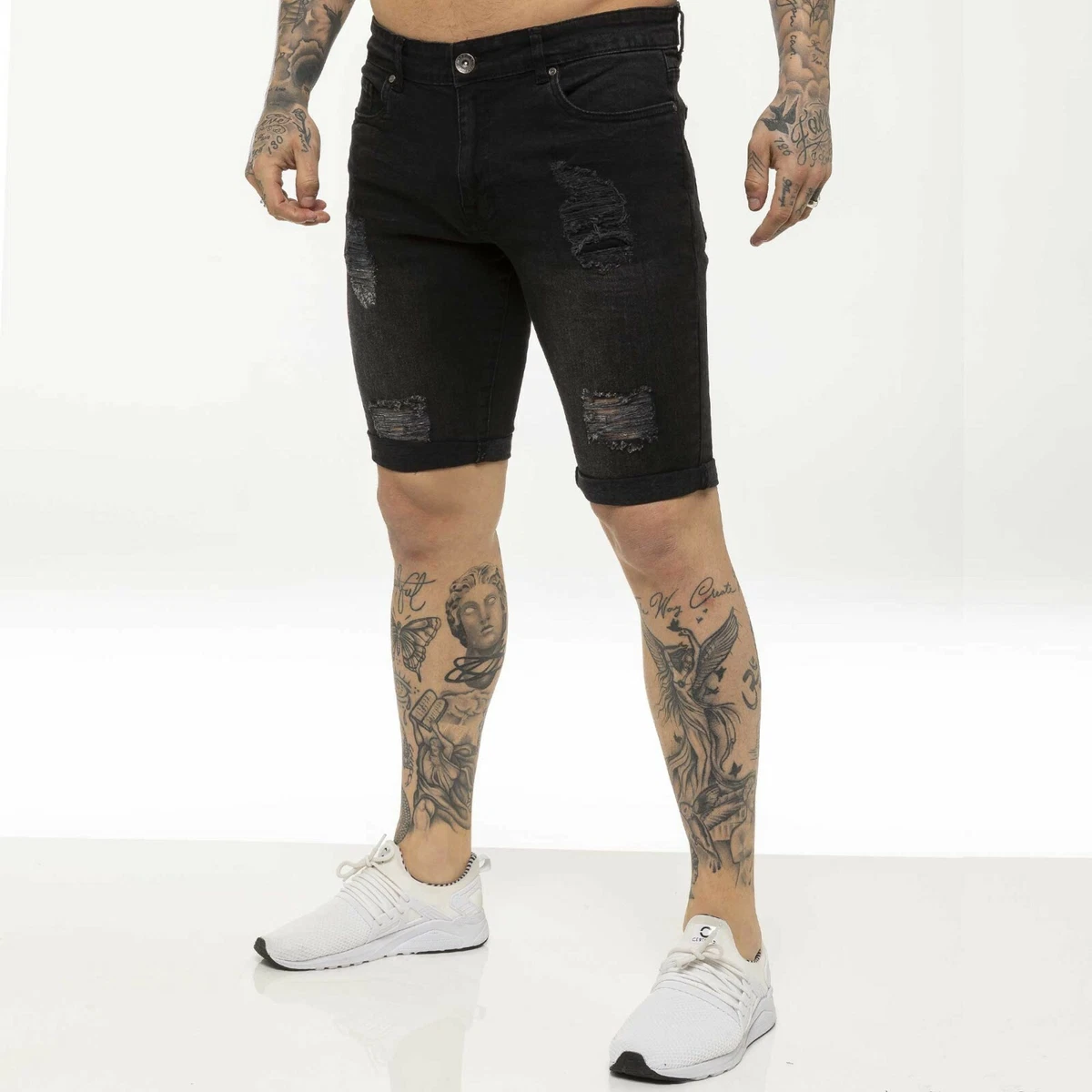 Kruze Shorts Mens Slim Fit Ripped Stretch Denim Cotton Summer Half