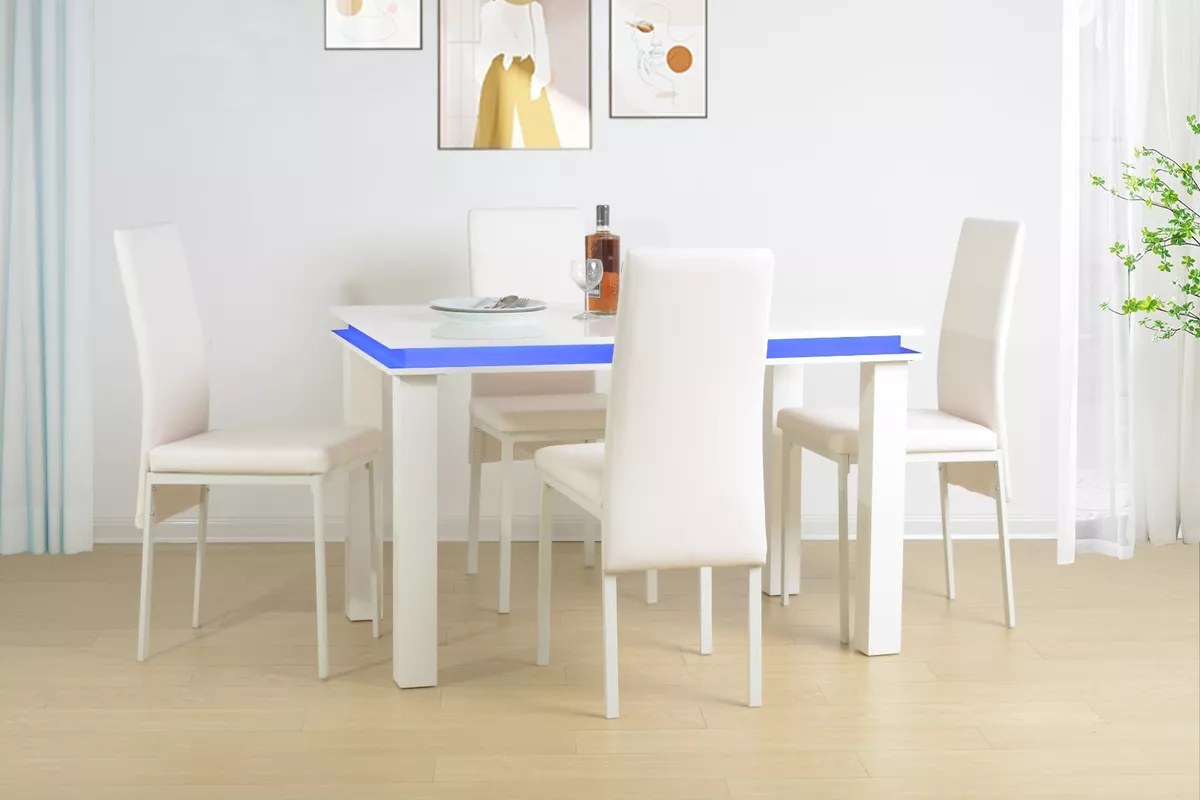 5PCS SET White Glossy Dining Table and Chair Set with BLUE LED
