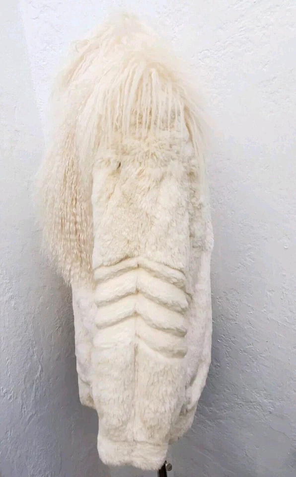 VTG 80s Boho Lux Retro Cream Mongolian Lamb Sheared Rabbit Fur Jacket Coat Sz M - Image 3 of 4