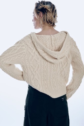 ZARA ECRU KNIT CARDIGAN WITH HOOD & POMPOMS SIZE S UK 8 10 - Picture 6 of 14