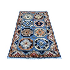 4'x6' Blue Afghan Ersari with Elephant Feet Design Hand Knotted Wool Rug 22526