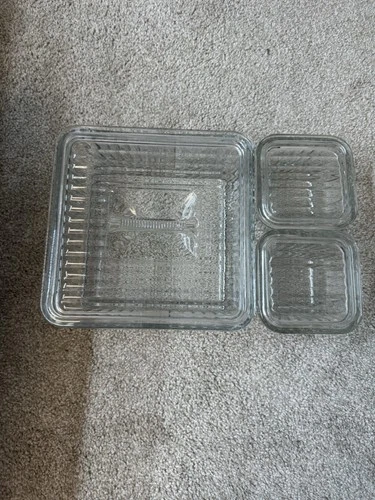 Anchor Hocking 1932 Vintage Design Ribbed Glass Refrigerator Dish Lid Set Of 3