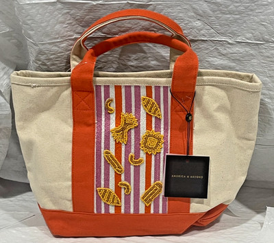 America & Beyond Beaded Embroidered Pasta Shells Canvas Tote Bag NWT