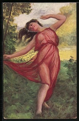 Artist postcard summer woman in cloth dancing in a meadow nude 