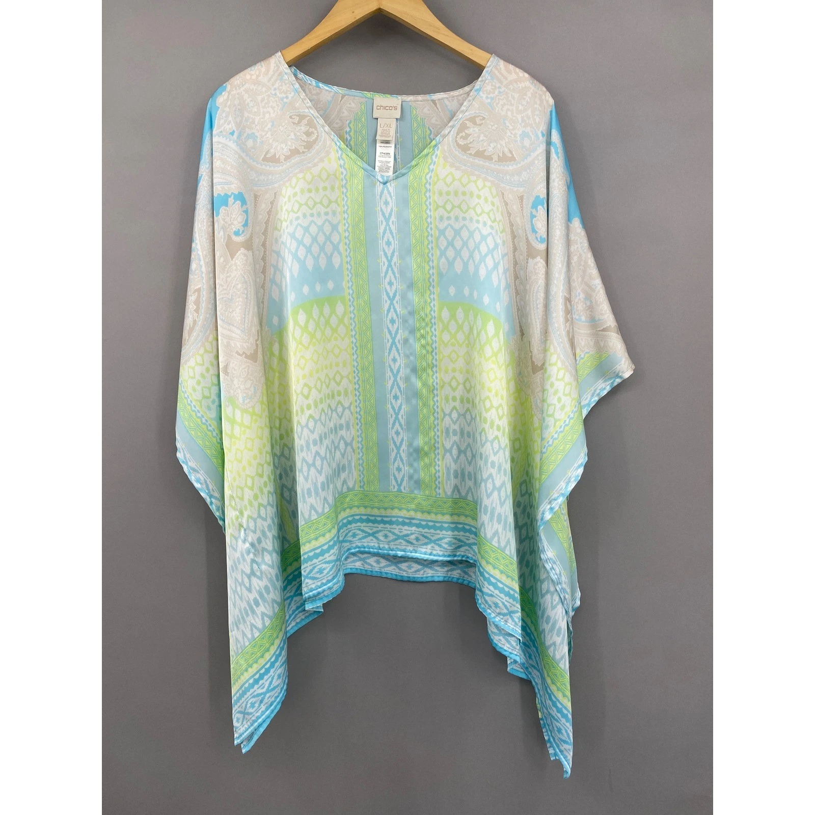 Chico's Poncho Top Womens L/XL Turquoise Lime Green Paisley Geometric Tropical