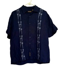 Cubavera Mens Linen Blend Shirt Large Navy Blue Embroidered Guayabera Camp