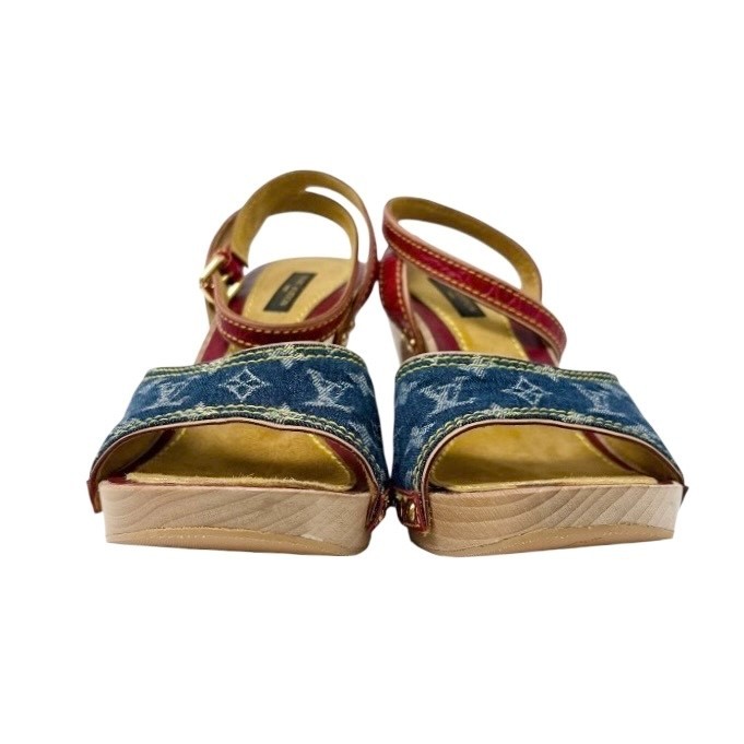 LOUIS VUITTON Vintage Logo Monogram Sandals Heels #36.5 Blue Red