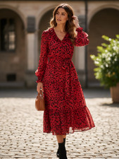 Michael Kors Ruffled Abstract Midi Dress Red Black Womens Extra Small Boho Chic