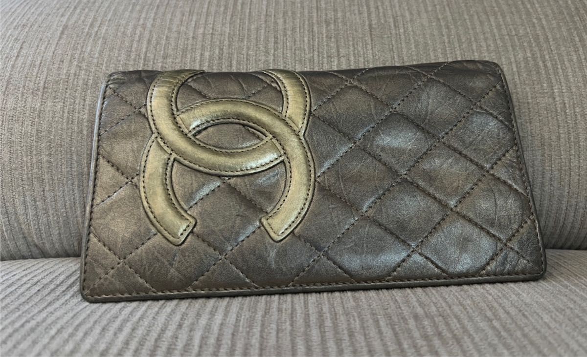 CHANEL Cambon Leather Long Wallet in Metallic Khaki Gold TM513288