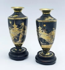 JAPANESE BRASS VASES MEIJI PERIOD c1900 NIELLO ENAMEL