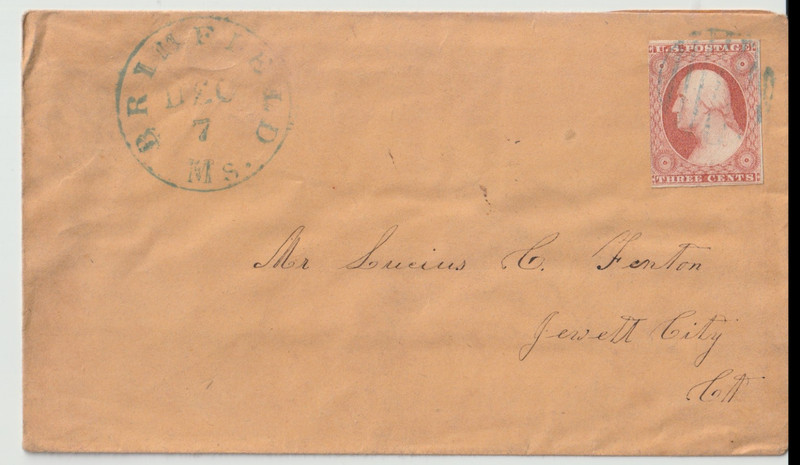 3 cent Geo. Washington stamp, ca. 1850, cover, Brimfield, MA cancelation