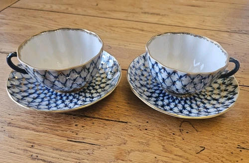 USSR Imperial Porcelain Cobalt Net Lomonosov Set Of 2 Tea Cups And Saucers 22k