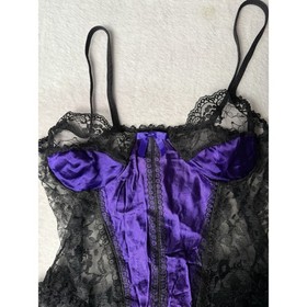 Vtg Purple Nylon Black Lace Teddy Romper Sissy Medium Vamp Goth Ruffle High Cut