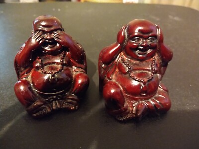Set of 2 Small 2'' Miniature Red Wood / Resin Buddha Figures Spiritual Hinduism 